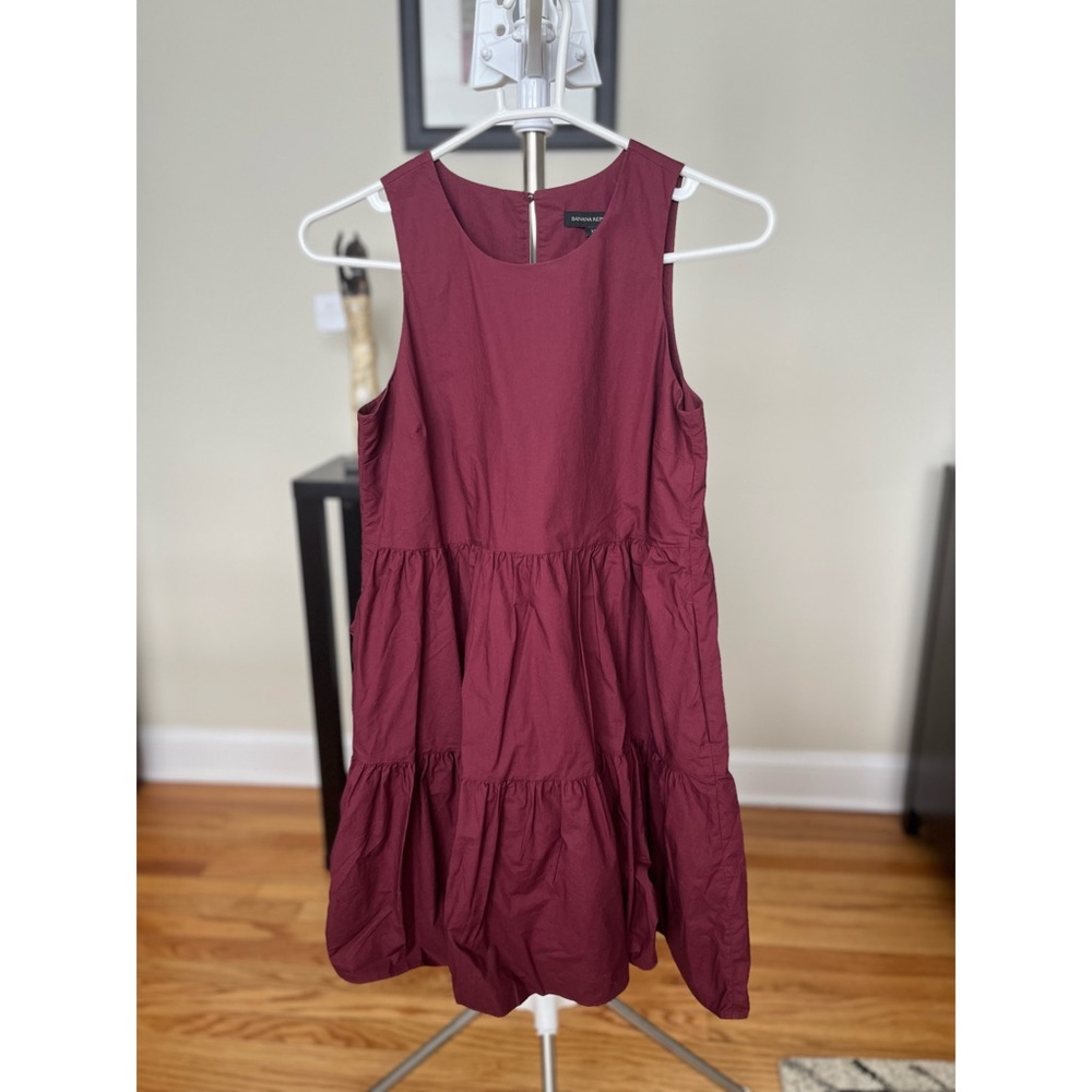 Banana Republic Poplin Tiered Mini Dress in Color Dark Cherry